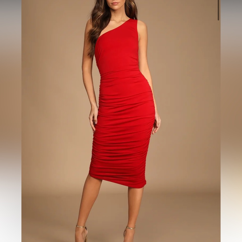 Lulu’s one shoulder red midi bodycon dress